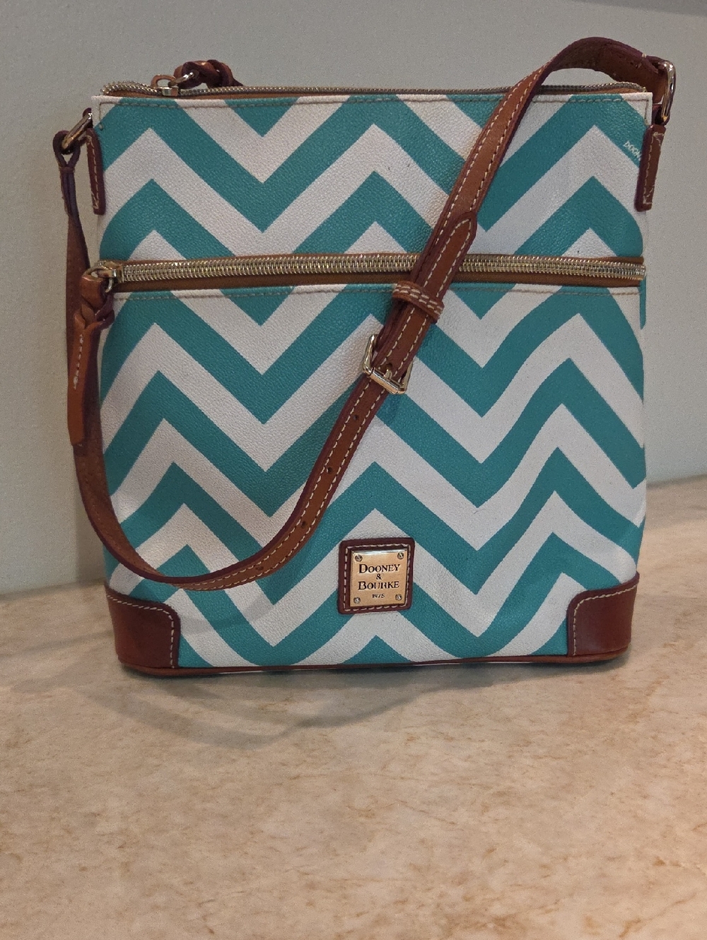 Dooney & Bourke Teal and White Chevron Crossbody with Brown Trim